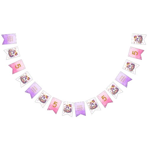 Pretty Pink Purple and Gold Unicorn Birthday  Bunting Flags