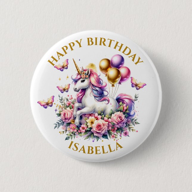 Pretty Pink, Purple and Gold Unicorn Birthday  Button (Front)