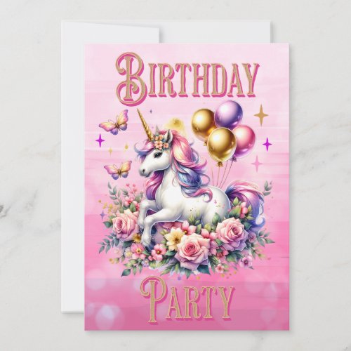 Pretty Pink Purple and Gold Unicorn Birthday  Invitation