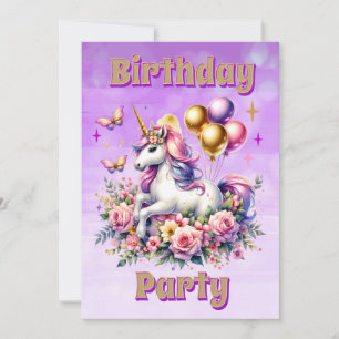 Pretty Pink, Purple and Gold Unicorn Birthday Invitation