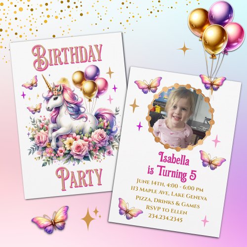 Pretty Pink Purple and Gold Unicorn Birthday  Invitation