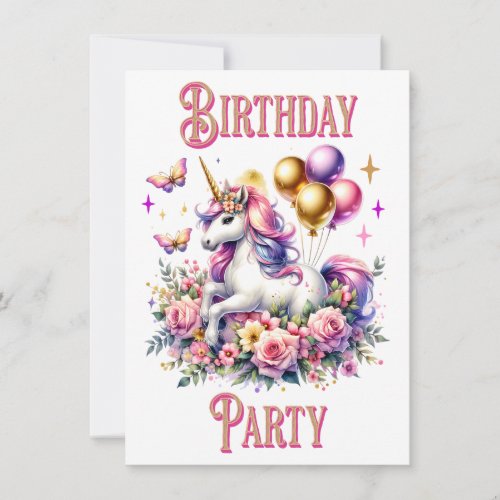 Pretty Pink Purple and Gold Unicorn Birthday  Invitation