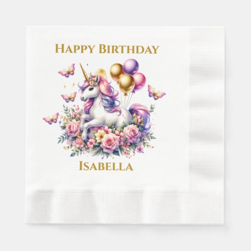 Pretty Pink Purple and Gold Unicorn Birthday  Napkins