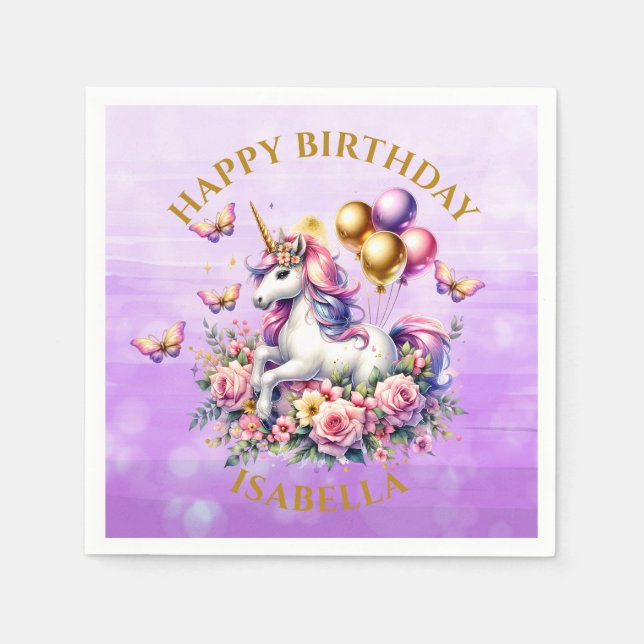 Pretty Pink, Purple and Gold Unicorn Birthday  Napkins (Front)
