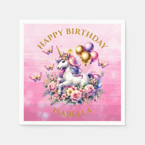 Pretty Pink Purple and Gold Unicorn Birthday  Napkins