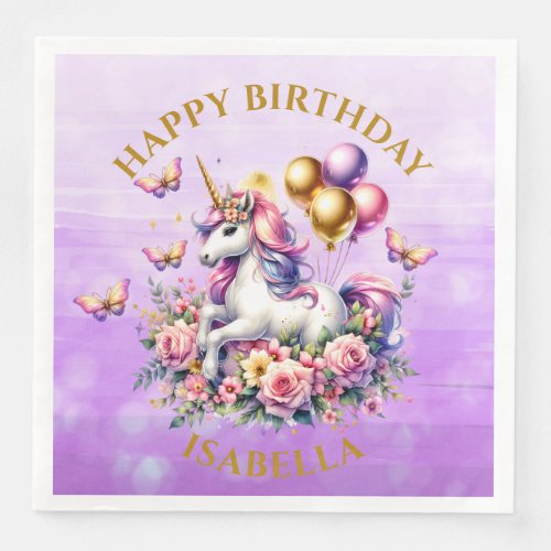 Pretty Pink Purple and Gold Unicorn Birthday  Paper Dinner Napkins