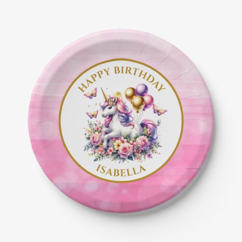 Pretty Pink Purple and Gold Unicorn Birthday  Paper Plates
