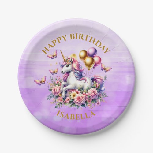 Pretty Pink Purple and Gold Unicorn Birthday  Paper Plates