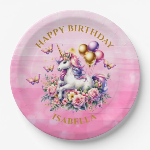 Pretty Pink Purple and Gold Unicorn Birthday  Paper Plates