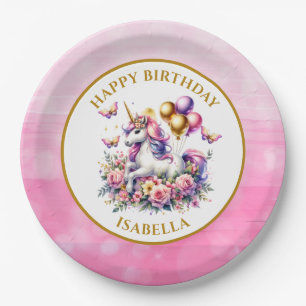 Pretty Pink, Purple and Gold Unicorn Birthday Paper Plates