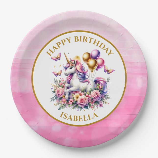 Pretty Pink, Purple and Gold Unicorn Birthday  Paper Plates (Front)
