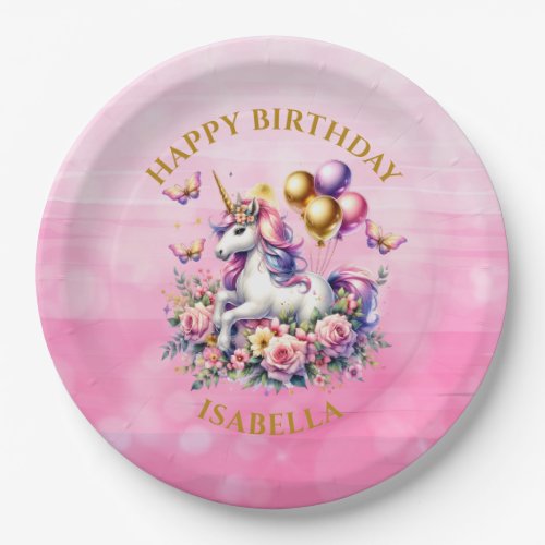 Pretty Pink Purple and Gold Unicorn Birthday  Paper Plates