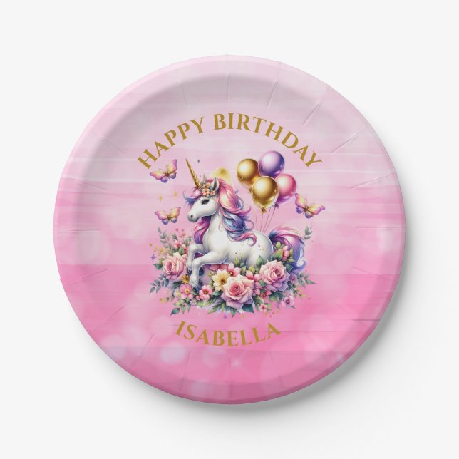 Pretty Pink, Purple and Gold Unicorn Birthday  Paper Plates (Front)