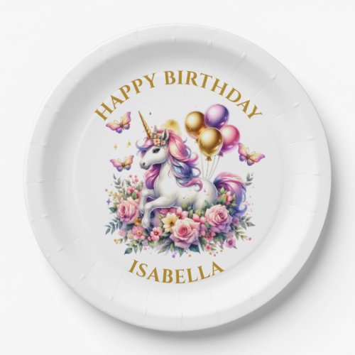 Pretty Pink Purple and Gold Unicorn Birthday  Paper Plates