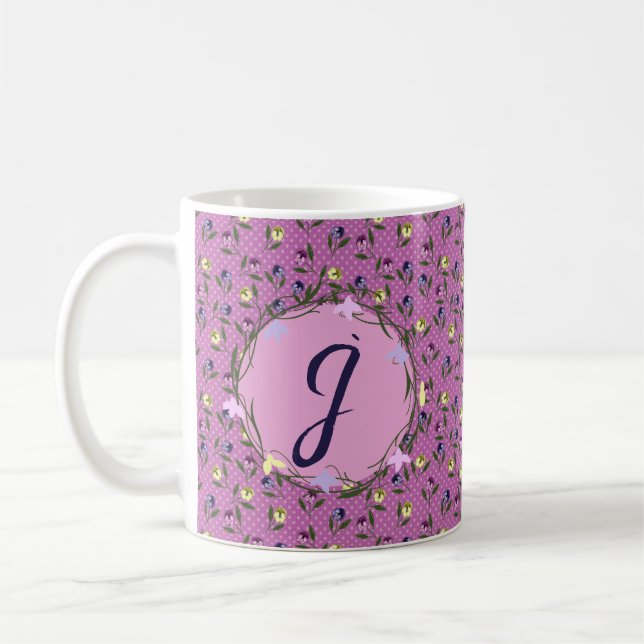 Pretty Pink Purple and Yellow Pansies Bath Mat Coffee Mug (Left)