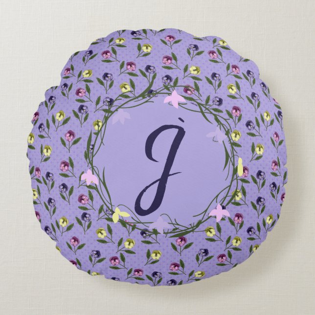 Pretty Pink Purple and Yellow Pansies Round Pillow (Front)