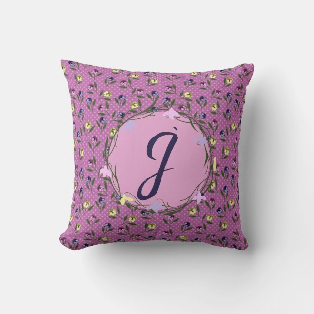 Pretty Pink Purple and Yellow Pansies Throw Pillow (Front)