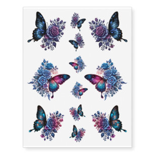 Pretty Pink Purple Blue Floral Butterflies Temporary Tattoos