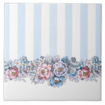 Pretty Pink, Purple & Blue Flowers & Stripes Ceramic Tile<br><div class="desc">Pretty vintage-inspired design featuring rows of vertical blue and white stripes with colorful border of pink,  blue and purple flowers with dark outlines.</div>