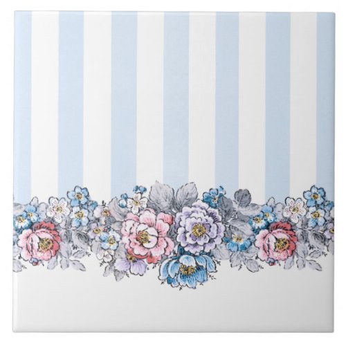 Pretty Pink Purple  Blue Flowers  Stripes Ceramic Tile