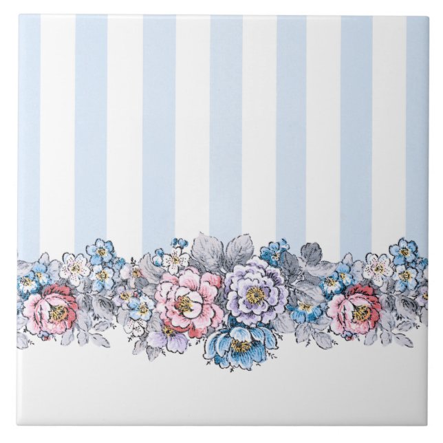 Pretty Pink, Purple & Blue Flowers & Stripes Ceramic Tile (Front)
