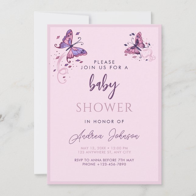 Pretty Pink Purple Butterfly Baby Shower Party Invitation (Front)