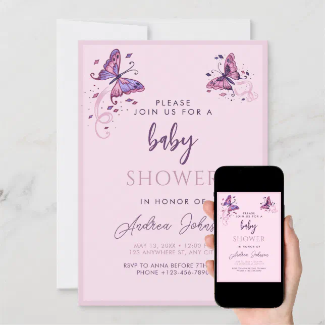 Pretty Pink Purple Butterfly Baby Shower Party Invitation Zazzle
