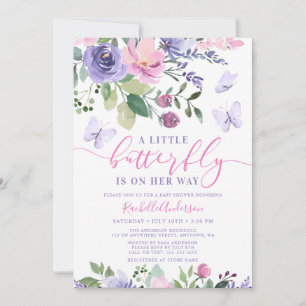 Pretty Pink Purple Butterfly Girl Baby Shower Invitation