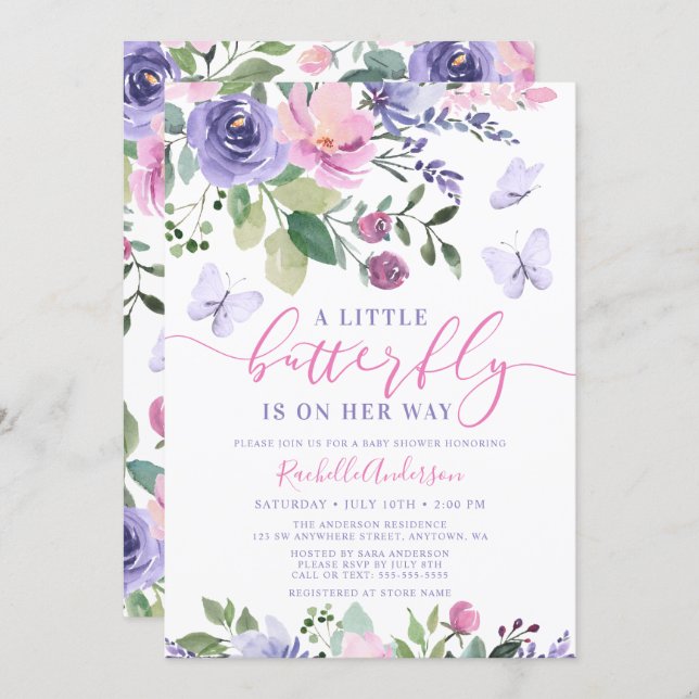 Pretty Pink Purple Butterfly Girl Baby Shower Invitation (Front/Back)