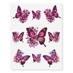 Pretty Pink & Purple Feminine Floral Butterflies  Temporary Tattoos