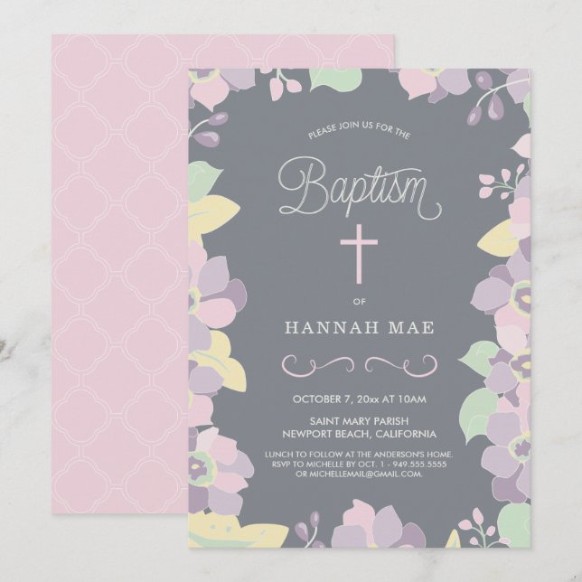 Pretty Pink, Purple Floral Baptism Invite w/ Cross (Front/Back)