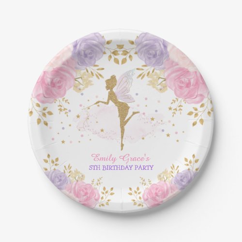 Pretty Pink Purple Floral Fairy Baby Girl Birthday Paper Plates