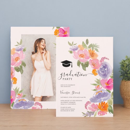 Pretty pink purple floral photo graduation invitation