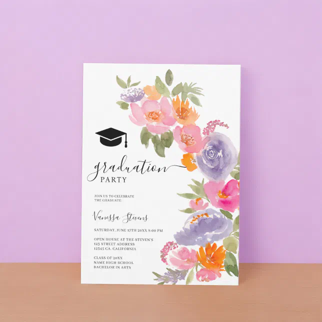 Pretty pink purple floral photo graduation invitation | Zazzle