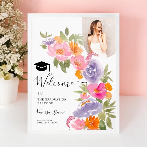 Pretty pink purple floral photo graduation welcome poster