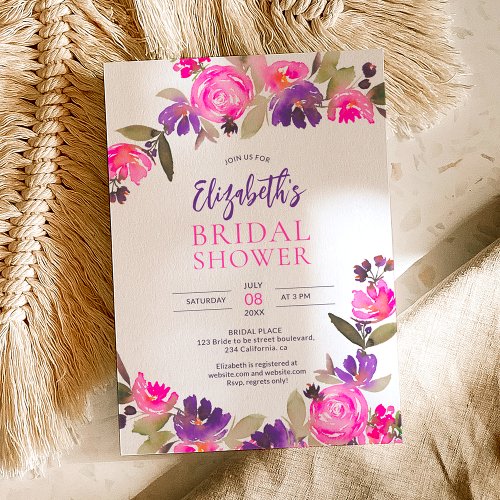 Pretty pink purple floral watercolor bridal shower invitation