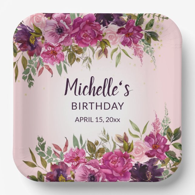 Pretty Pink Purple Floral Women's Girls' Birthday Paper Plates (Front)