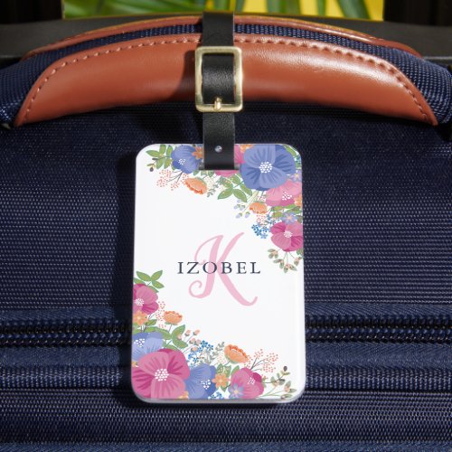 Pretty Pink Purple Flowers Monogram Luggage Tag