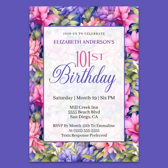 Pretty Pink Purple Garden Flowers 101st Birthday  Invitation (Creator Uploaded)