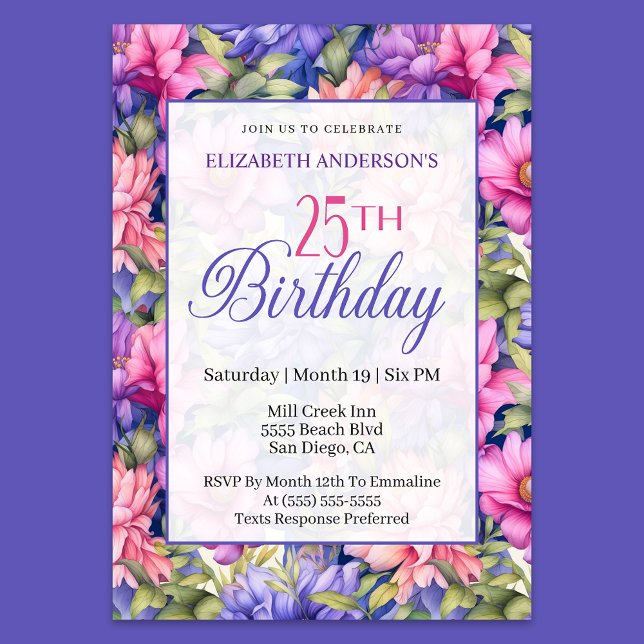 Pretty Pink Purple Garden Flowers 25th Birthday  Invitation (Creator Uploaded)