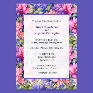 Pretty Pink Purple Garden Flowers Wedding Invitation