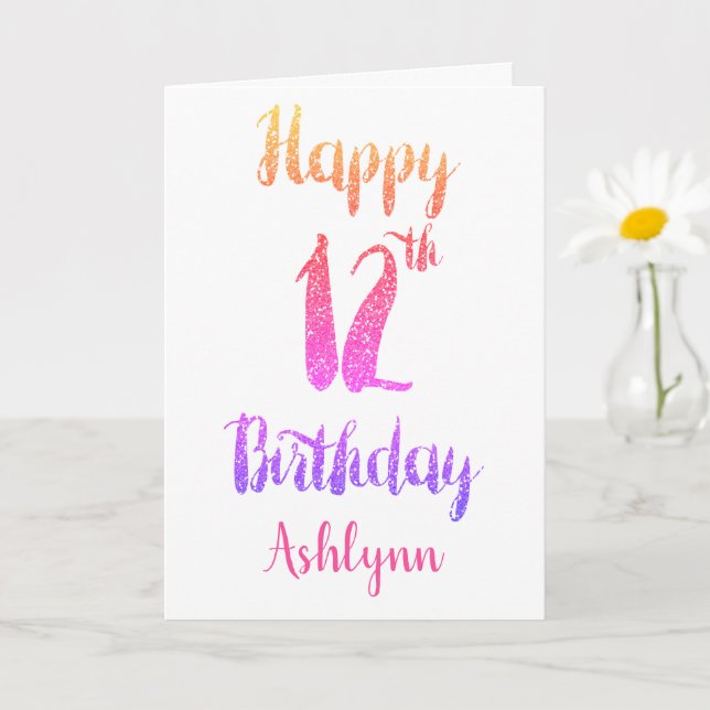 Pretty Pink Purple Glitter 12th Birthday Card (Small Plant)