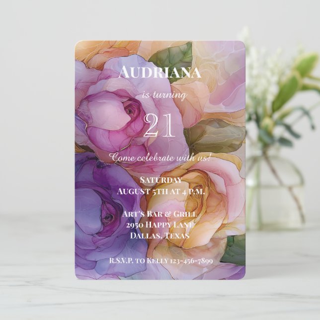 Pretty Pink Purple Gold Floral Birthday Invitation (Standing Front)