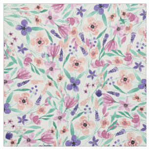 Pretty pink purple green watercolor flowers fabric
