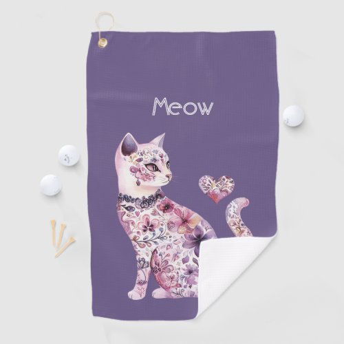 Pretty Pink Purple Hearts Roses Floral Cat Golf Towel