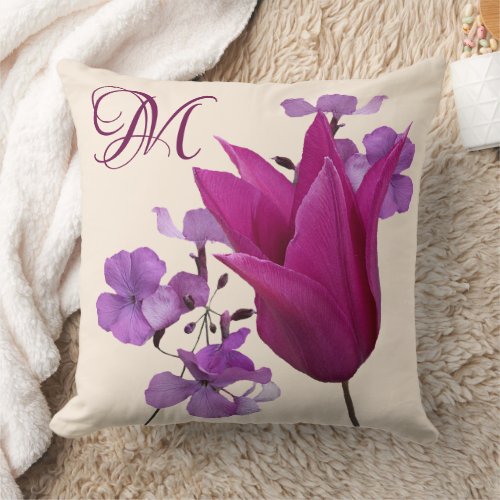 Pretty pink purple M monogram customizable floral Throw Pillow