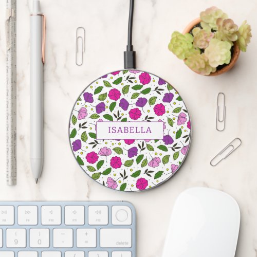 Pretty Pink Purple Roses Pattern Personalized Wireless Charger