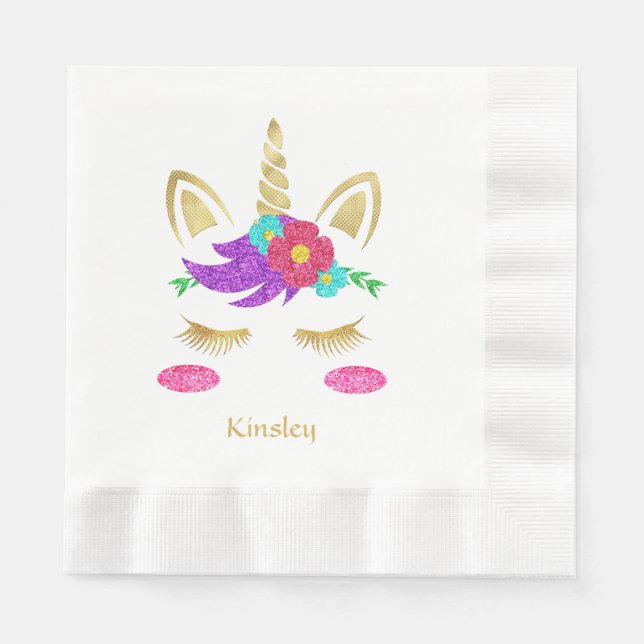 Pretty Pink & Purple Unicorn Personalized Birthday Napkins (Front)