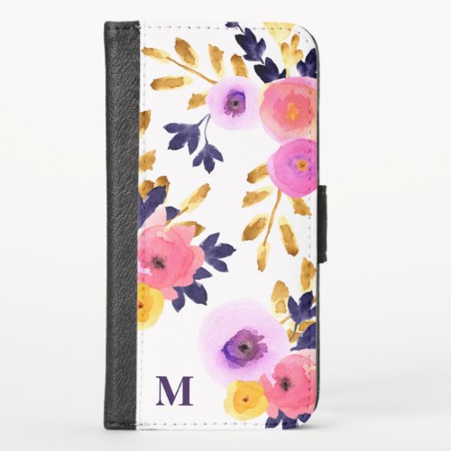 Pretty Pink  Purple Watercolor Floral Monogram iPhone XS Wallet Case