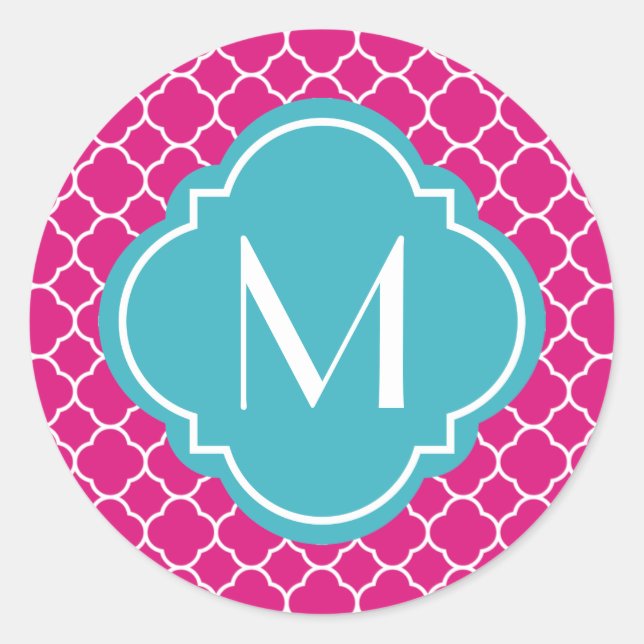 Pretty Pink Quatrefoil Pattern with Monogram Classic Round Sticker (Front)